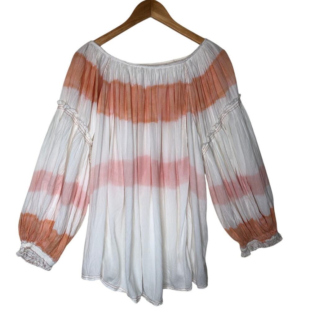 We The Free Sweet Stripe Orange and White Balloon Sleeve Boho Oversized Blouse - Picture 3 of 13